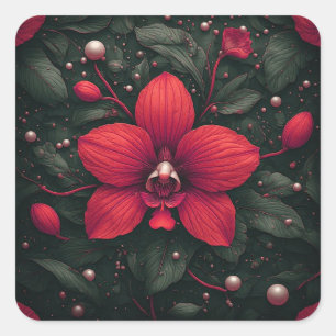 Rode orchidee bloeit met groene bladeren vierkante sticker