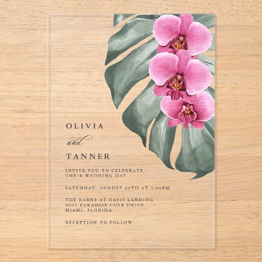 Rode Orchideeën Monstera Tropisch Bloemstuk Bruilo Acryl Uitnodigingen (Voorkant)