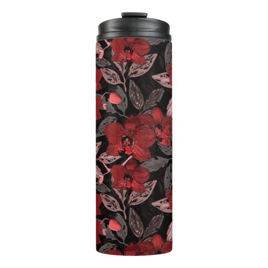 Rode orchideeën op zwart. thermosbeker (Voorkant)