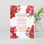 Rode Orchideeën Winter Zomer Huwelijksuitnodiginge Kaart (Staand voorkant)