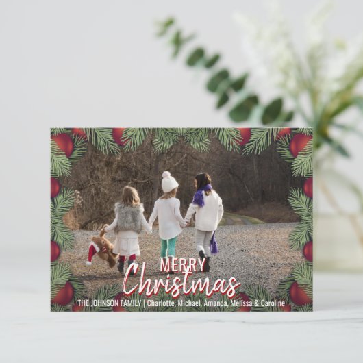 Rode Ornamenten Kerstvakantie Familie | FOTO Kaart (Staand voorkant)