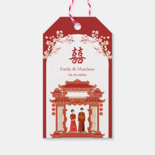 Rode paar tempel kersenbloesem Chinese bruiloft Cadeaulabel