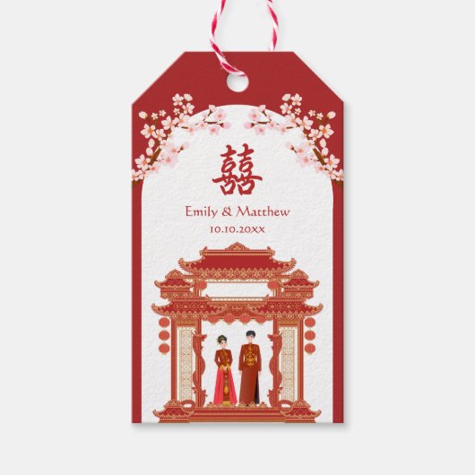 Rode paar tempel kersenbloesem Chinese bruiloft Cadeaulabel (Voorkant)
