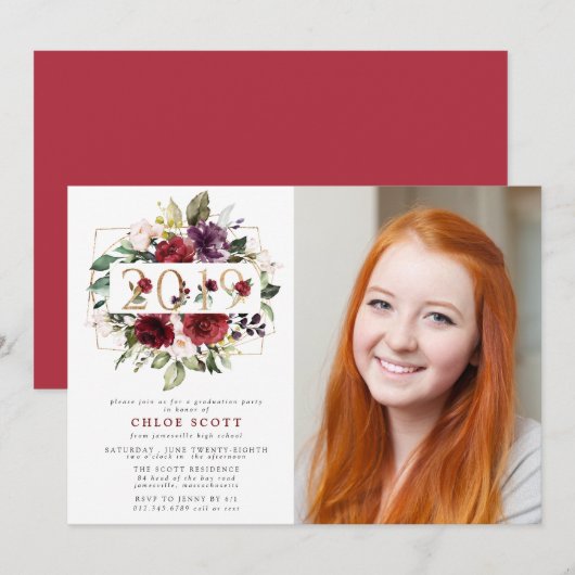 Rode Paars Floral Foto Afstuderen Kaart (Voorkant / Achterkant)