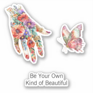 Rode Paarse Bloem Tuin Hand Vlinder Sticker