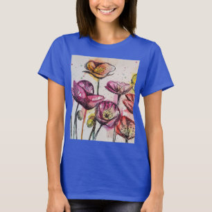 Rode Paarse roze papaverbloem Waterverf T-Shir T-shirt