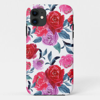 Rode Paarse Waterverf Floral iPhone 11 Hoesje