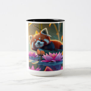 Rode panda liggend op een stam in lotusvijver tweekleurige koffiemok