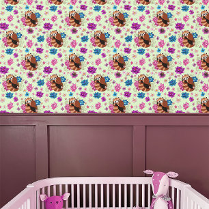 Rode Panda Lotus Bloemen Henna Behang