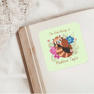 Rode Panda Lotus Bloemen Henna Bookplate Vierkante Sticker