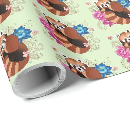 Rode Panda Lotus Bloemen Henna Cadeaupapier (Rol Hoek)