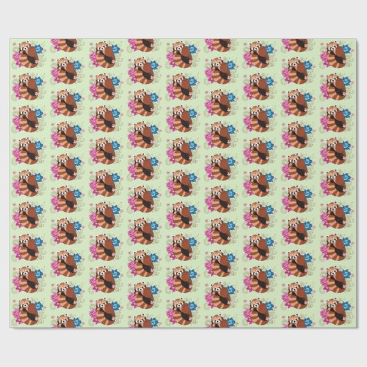 Rode Panda Lotus Bloemen Henna Cadeaupapier (Vlak)
