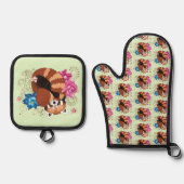 Rode Panda Lotus Bloemen Henna Ovenwant & Pannenlap Set (Voorkant)