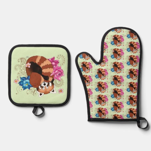 Rode Panda Lotus Bloemen Henna Ovenwant & Pannenlap Set (Voorkant)