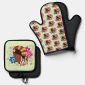 Rode Panda Lotus Bloemen Henna Ovenwant & Pannenlap Set (Voorkant / Achterkant)