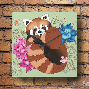 Rode Panda Lotus Bloemen Henna Vierkante Klok