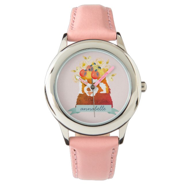 Rode Panda met Bloem Kroon Roze Horloge (Voorkant)