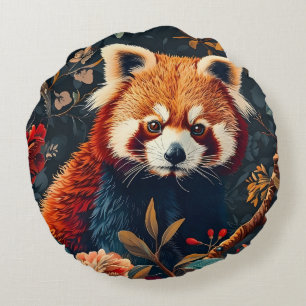Rode Panda Vintage Bos Patroon Bloemrijke Tuin Rond Kussen