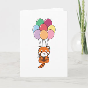 Rode panda vliegt op met kleurrijke ballonnen kaart