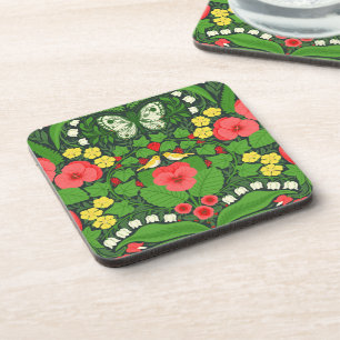 Rode pansies, vogels en vlinders bier onderzetter