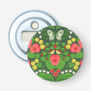 Rode pansies, vogels en vlinders button flesopener