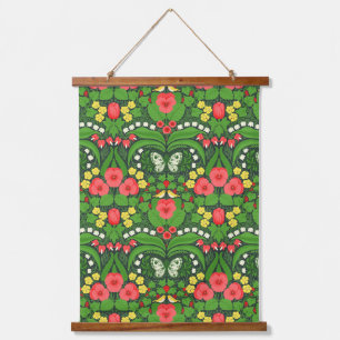 Rode pansies, vogels en vlinders hangend wandkleed