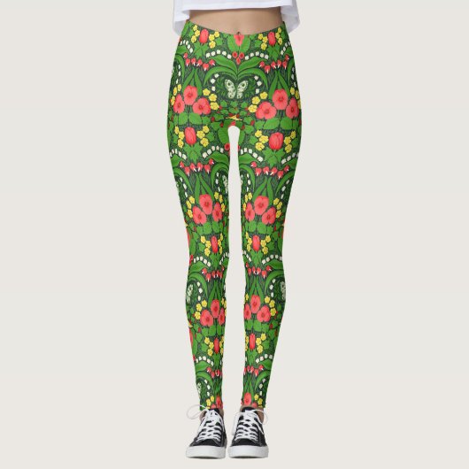 Rode pansies, vogels en vlinders leggings (Voorkant)