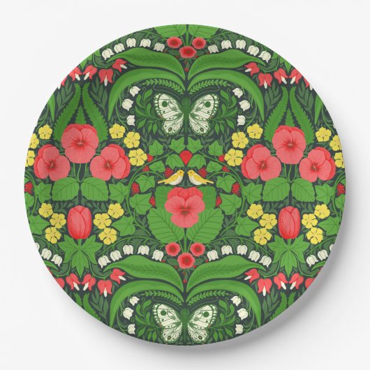 Rode pansies, vogels en vlinders papieren bordje (Voorkant)