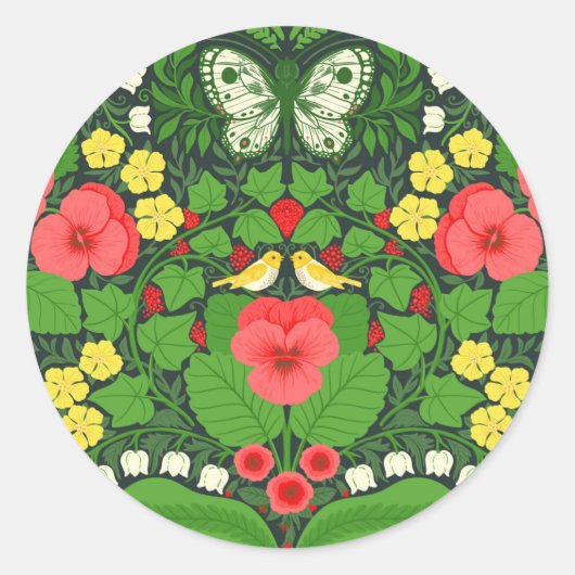Rode pansies, vogels en vlinders ronde sticker (Voorkant)
