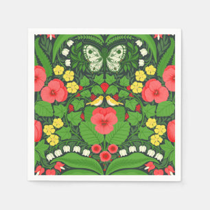Rode pansies, vogels en vlinders servet