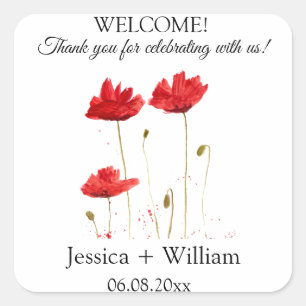Rode papaver bloemen rustieke moderne bruiloft vierkante sticker