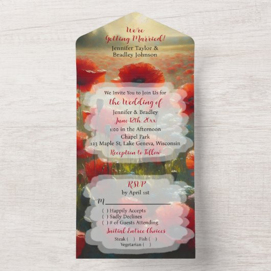 Rode papaver bloemenbruiloft all in one uitnodiging (Binnen)
