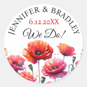 Rode papaver bloemenbruiloft ronde sticker