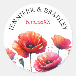 Rode papaver bloemenbruiloft ronde sticker