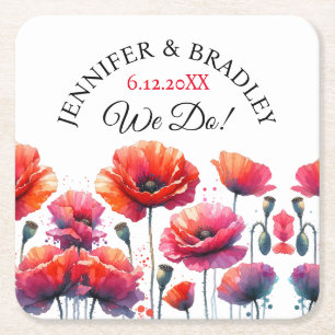 Rode papaver bloemenbruiloft vierkante kartonnen onderzetter
