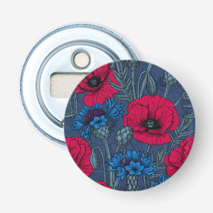 Rode papaver en blauwe cornbloemen op blauw button flesopener