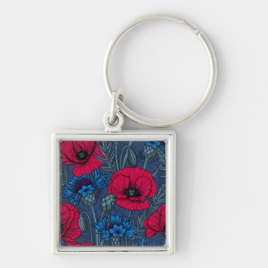 Rode papaver en blauwe cornbloemen op blauw sleutelhanger (Voorkant)