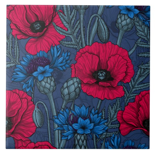 Rode papaver en blauwe cornbloemen op blauw tegeltje (Voorkant)