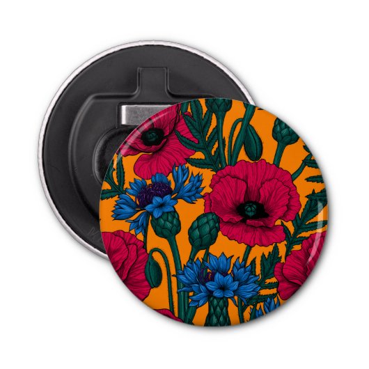 Rode papaver en blauwe cornbloemen op sinaasappel button flesopener (Voorkant)