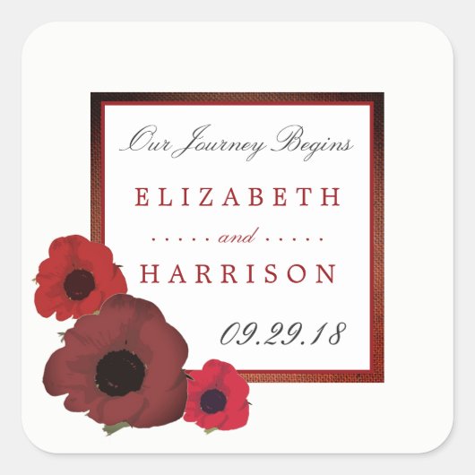 Rode papaver en Burlap Wedding Vierkante Sticker (Voorkant)