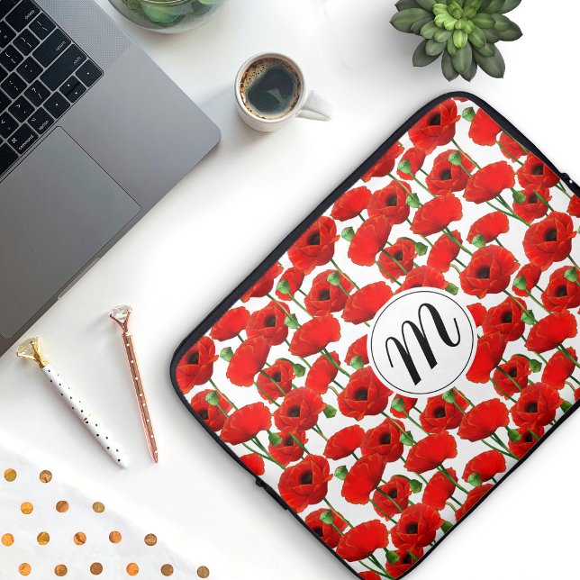 Rode papaver Floral Pattern & Monogram Laptop Sleeve (Red Poppy Pattern with Monogram Laptop Sleeve (add your own initial))