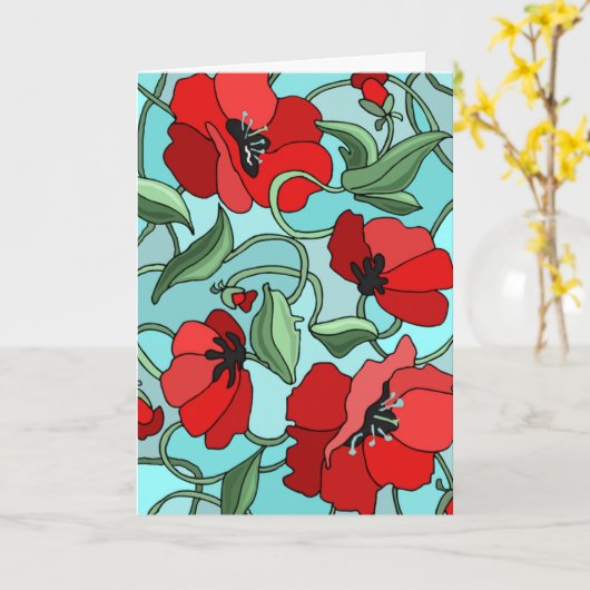 Rode papaver op blauwe Moederdag Kaart (Gele Bloem)