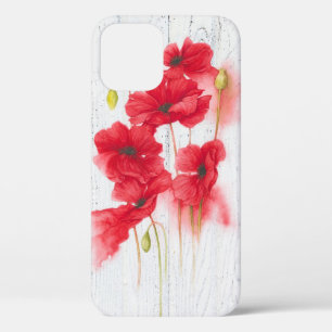 rode papaver op witgewassen hout iPhone 12 hoesje