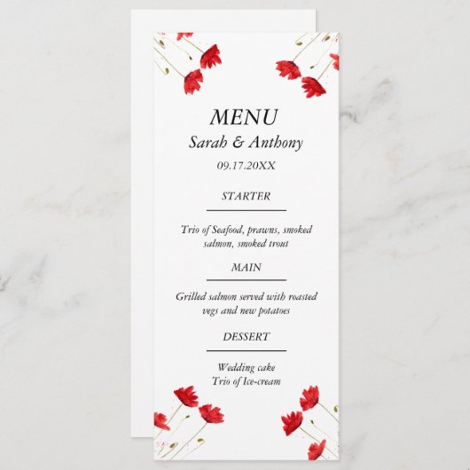 Rode papaver Papaver Bloemen Waterverf Bruiloft Vo Menu (Voorkant / Achterkant)