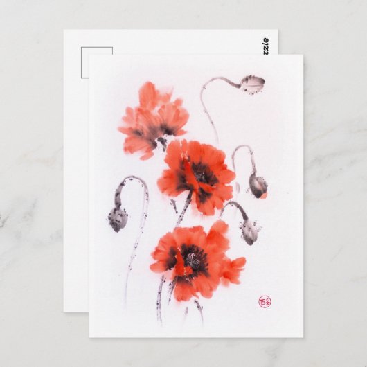 Rode papaver vat inkt en waterverf briefkaart (Voorkant / Achterkant)