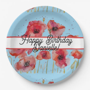 Rode papaver Waterverf Birthday Papieren Bordje