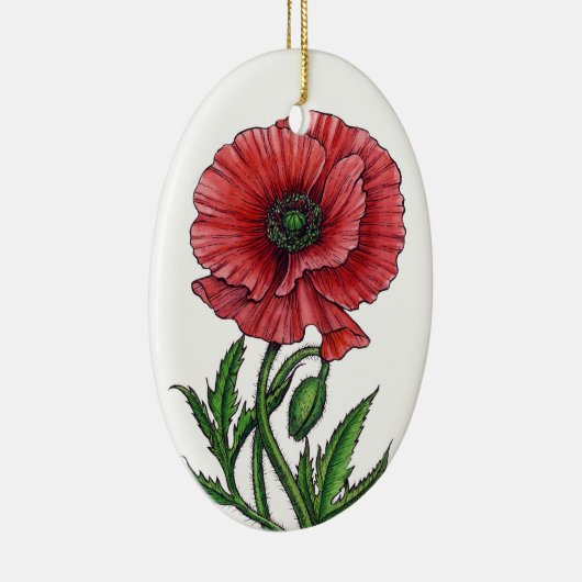 Rode papaver, waterverf en inkt keramisch ornament (Rechts)