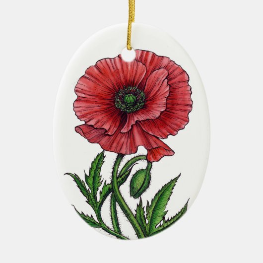 Rode papaver, waterverf en inkt keramisch ornament (Voorkant)