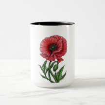 Rode papaver, waterverf en inkt