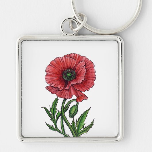 Rode papaver, waterverf en inkt sleutelhanger (Voorkant)